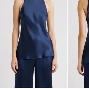 Reformation Navy Satin Halter Neck Tank